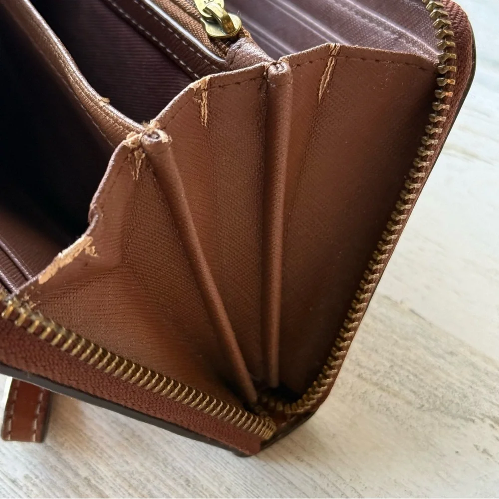 Fossil Cognac 'Sydney' Leather Zip Around Clutch Wristlet Wallet Large Size